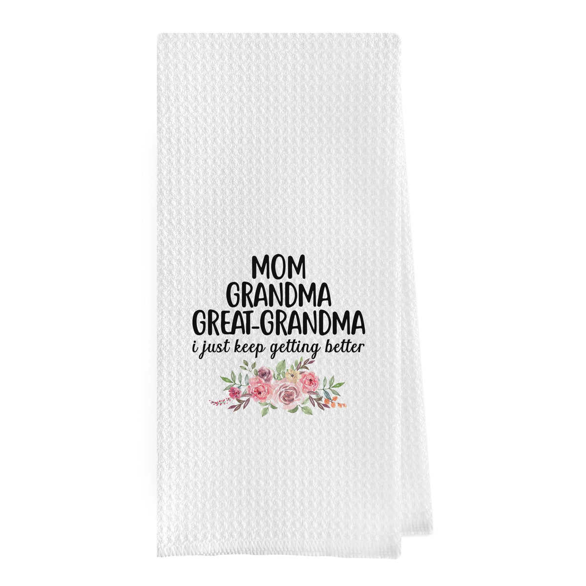 Geqtt Great Grandma dish towels in waffle weave close-up for superior absorbency