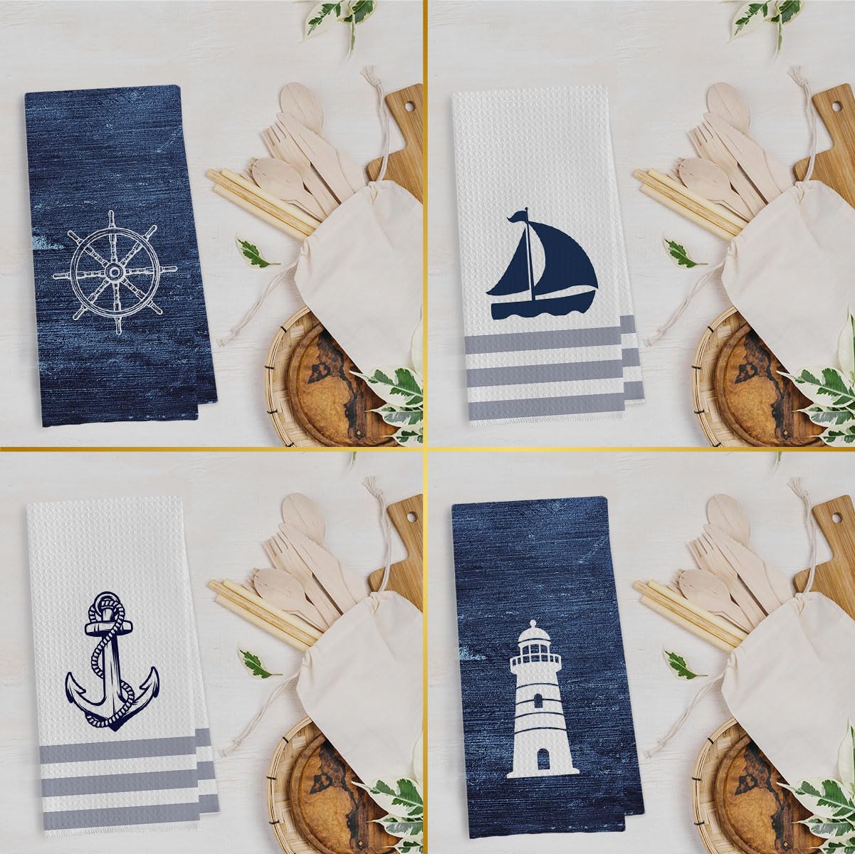 Geqtt navy blue towel demonstrating absorbent waffle weave for kitchen or bath tasks
