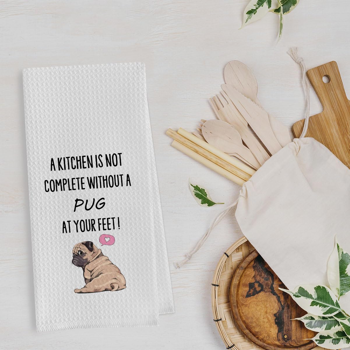 Geqtt tea towel pug lovers gift; vibrant design and reliable drying for everyday use
