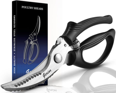 Gerior heavy-duty poultry shears blade closeup with micro-serrated edges for precise cuts