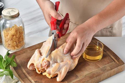 Gerior poultry shears close-up showing micro-serrated blades for precise snipping.