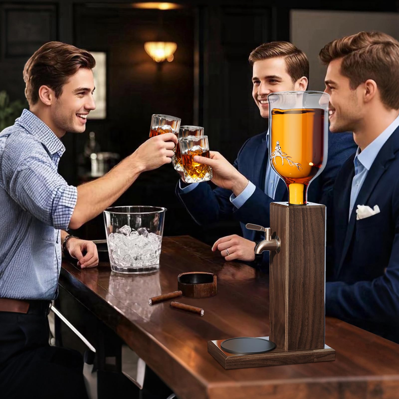 Gernshe ash wood dispenser beside a bottle and glass for tasting.