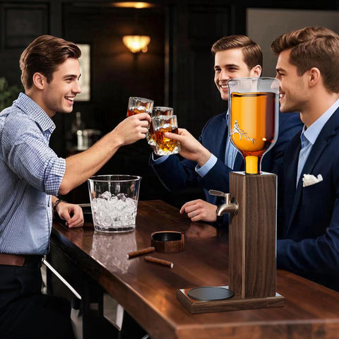 Gernshe ash wood dispenser beside a bottle and glass for tasting.