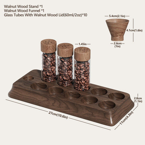 Gernshe ten tubes with lids and silicone pads keeping beans organized and protected.