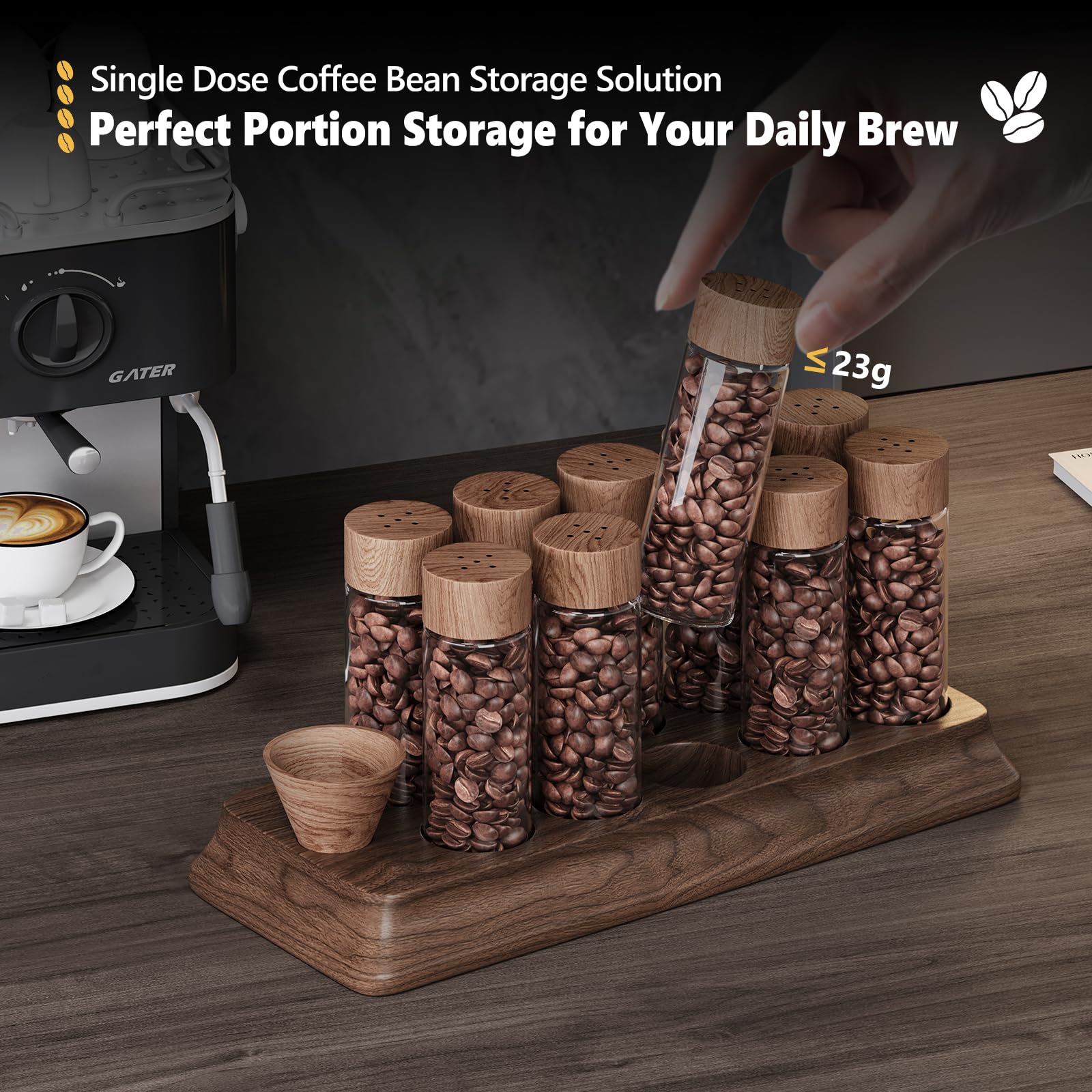 Gernshe walnut wood base with matching funnel and lids for a cohesive look.