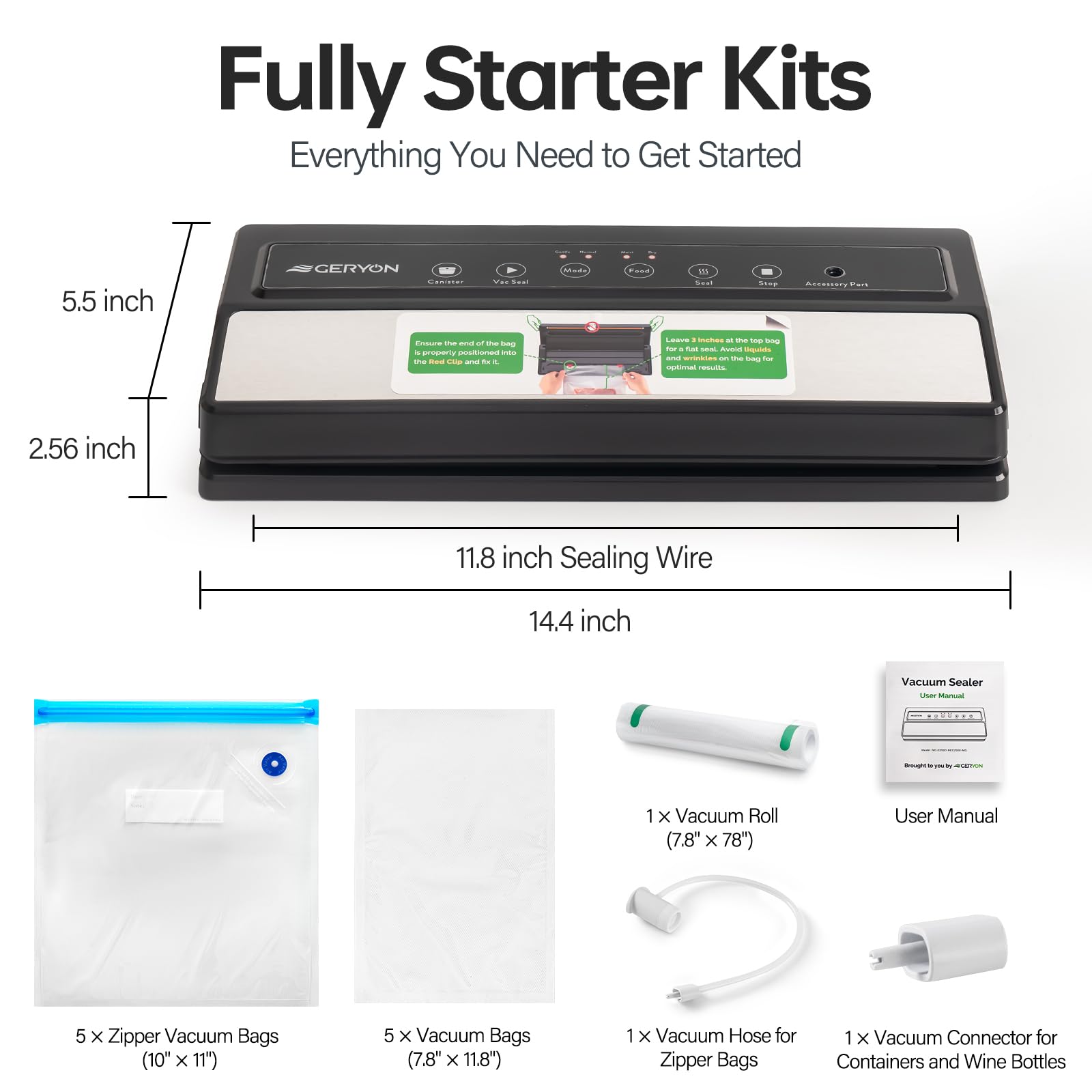 Image shows GERYON sealer in use sealing bags for leftovers and freshness.