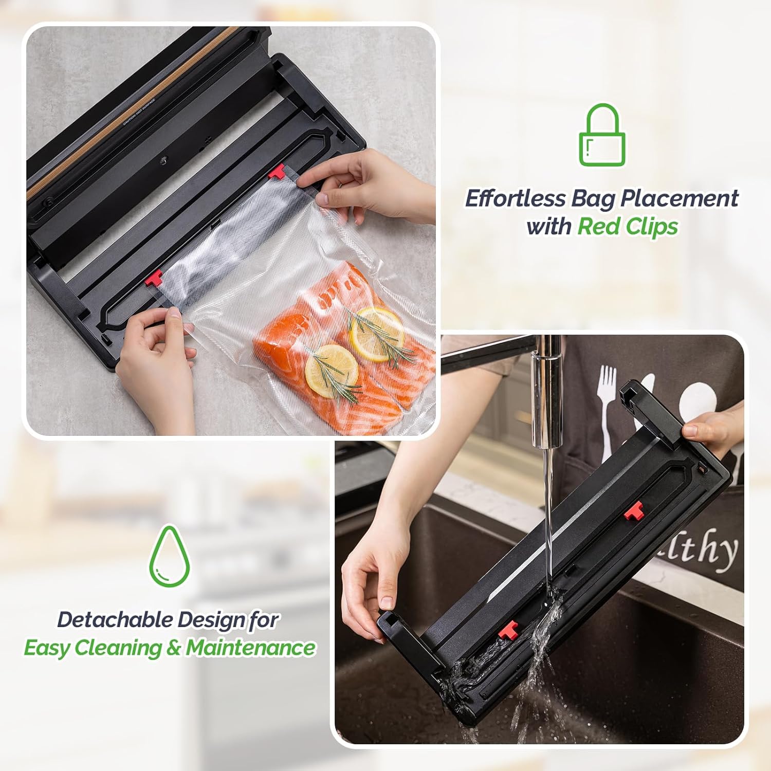 GERYON vacuum sealer side profile highlights slim footprint for easy storage.