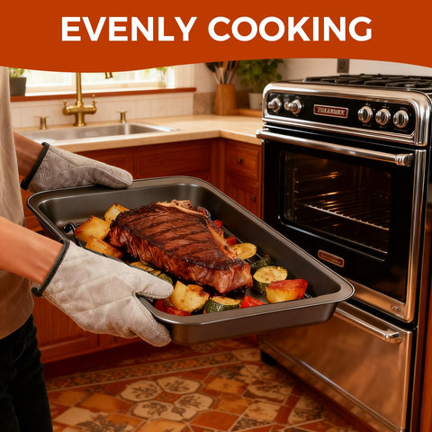 Gestone roasting pan as a broiler pan for steaks, bacon, or lamb chops.