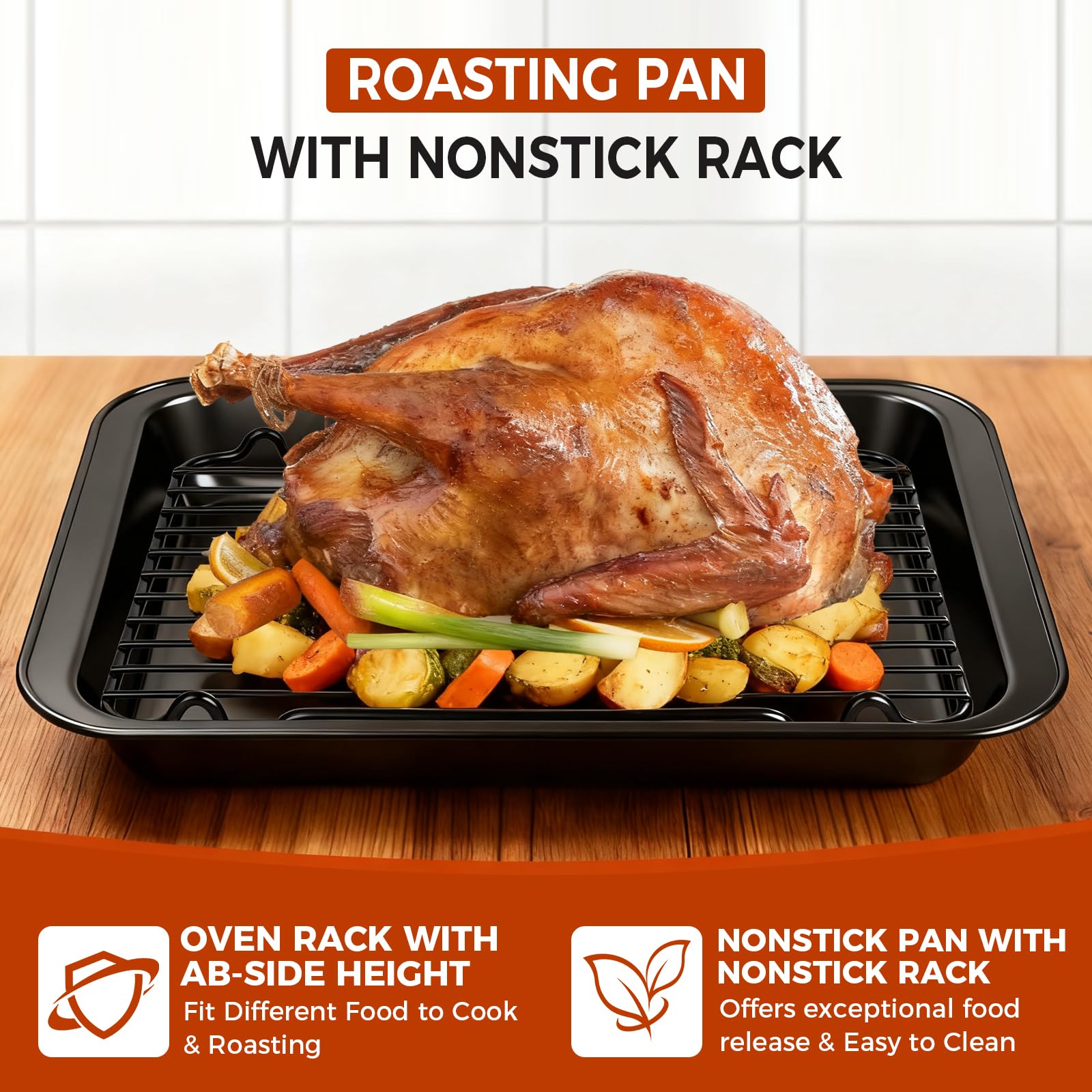 Gestone roaster pan doubles as bread and dessert tray for versatile cooking.