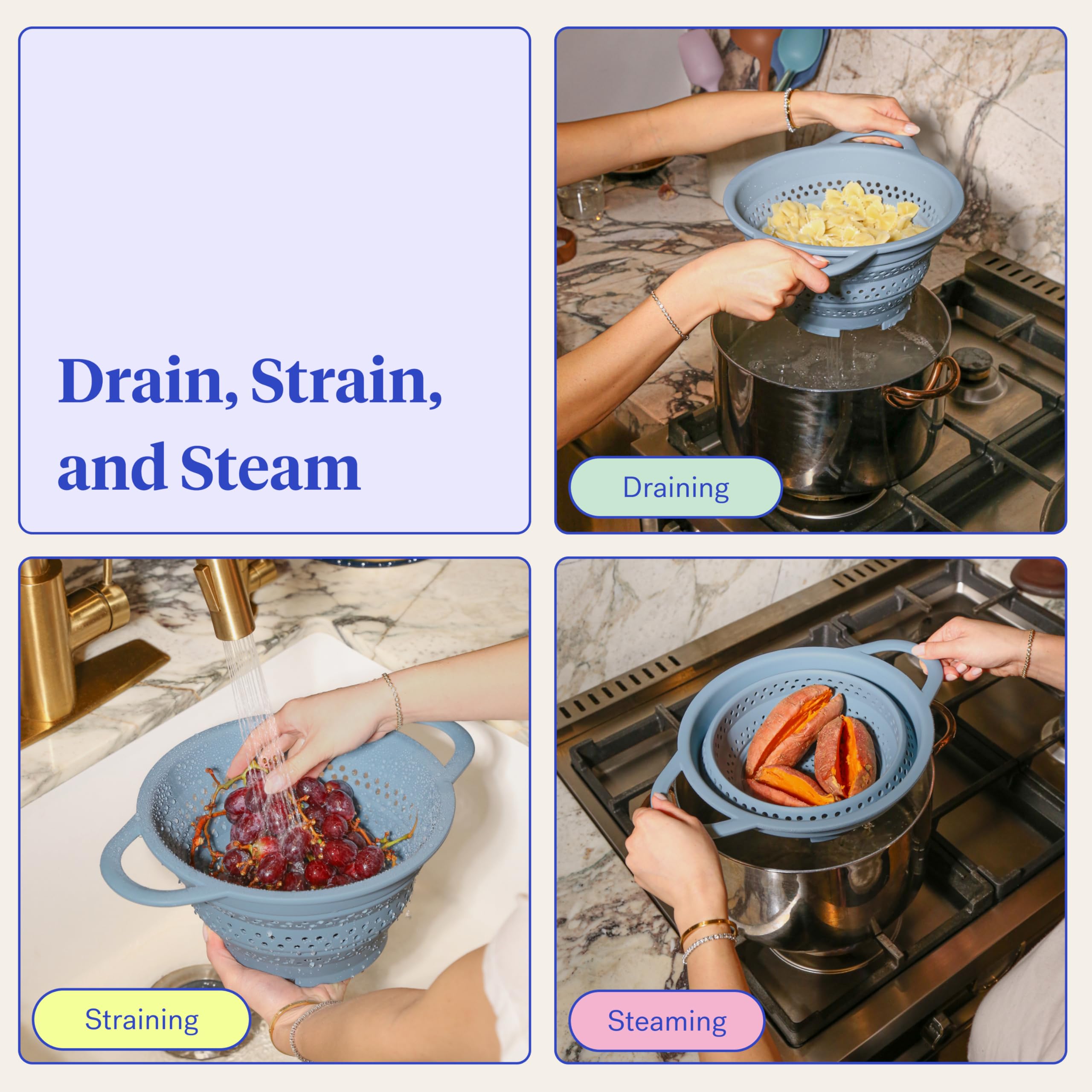 GIR collapsible colander drains efficiently for pasta and vegetables