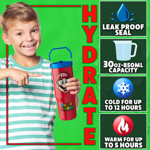 Red Super Mario graphic on Get Trend tumbler for sports and play