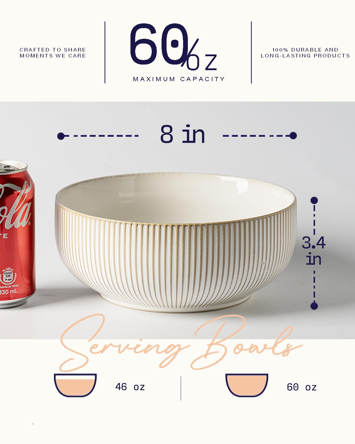 Getstar ceramic bowls on table showcasing generous 60oz capacity for servings.