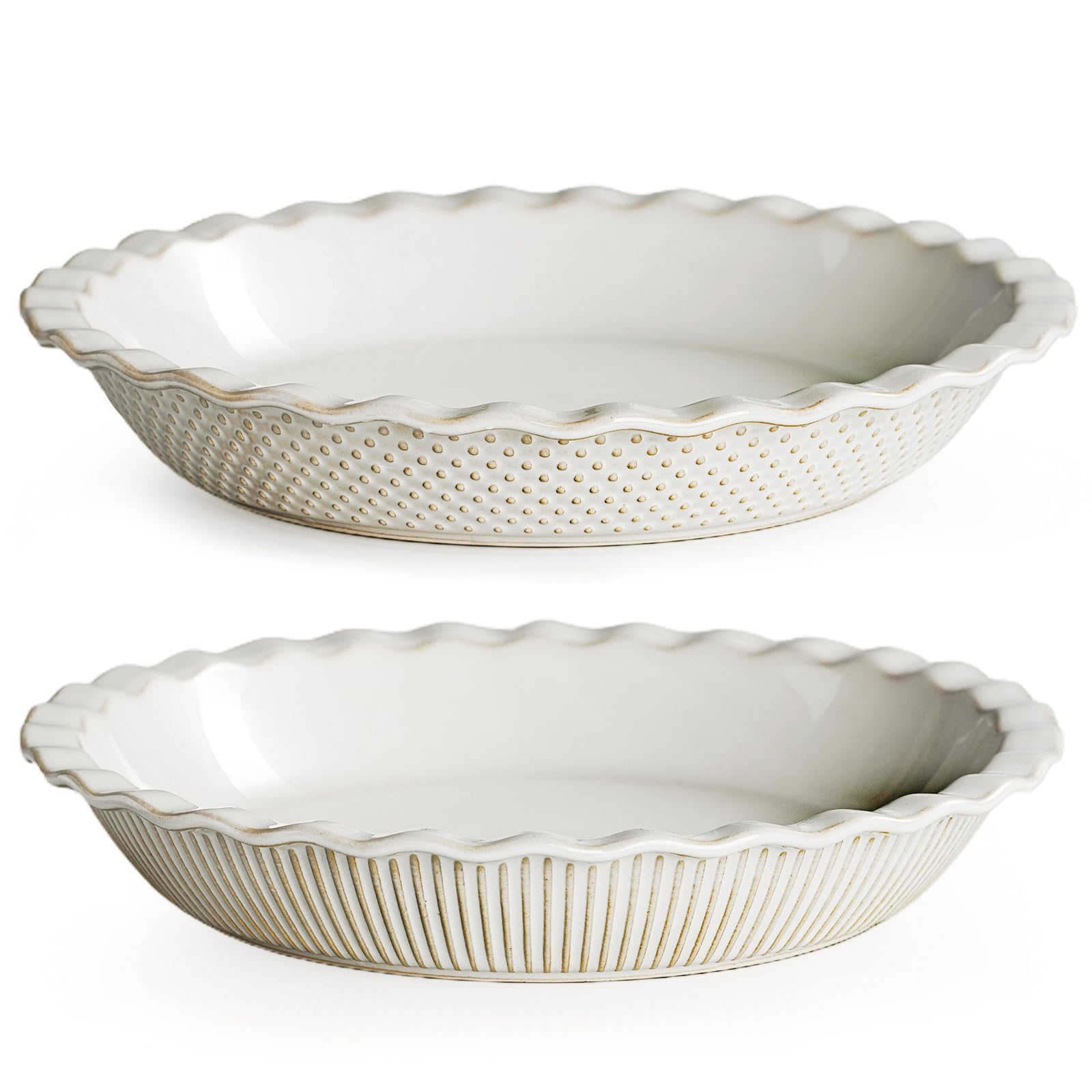 getstar ceramic pie pan 2-pack with embossed stripes and dots for elegant table display.