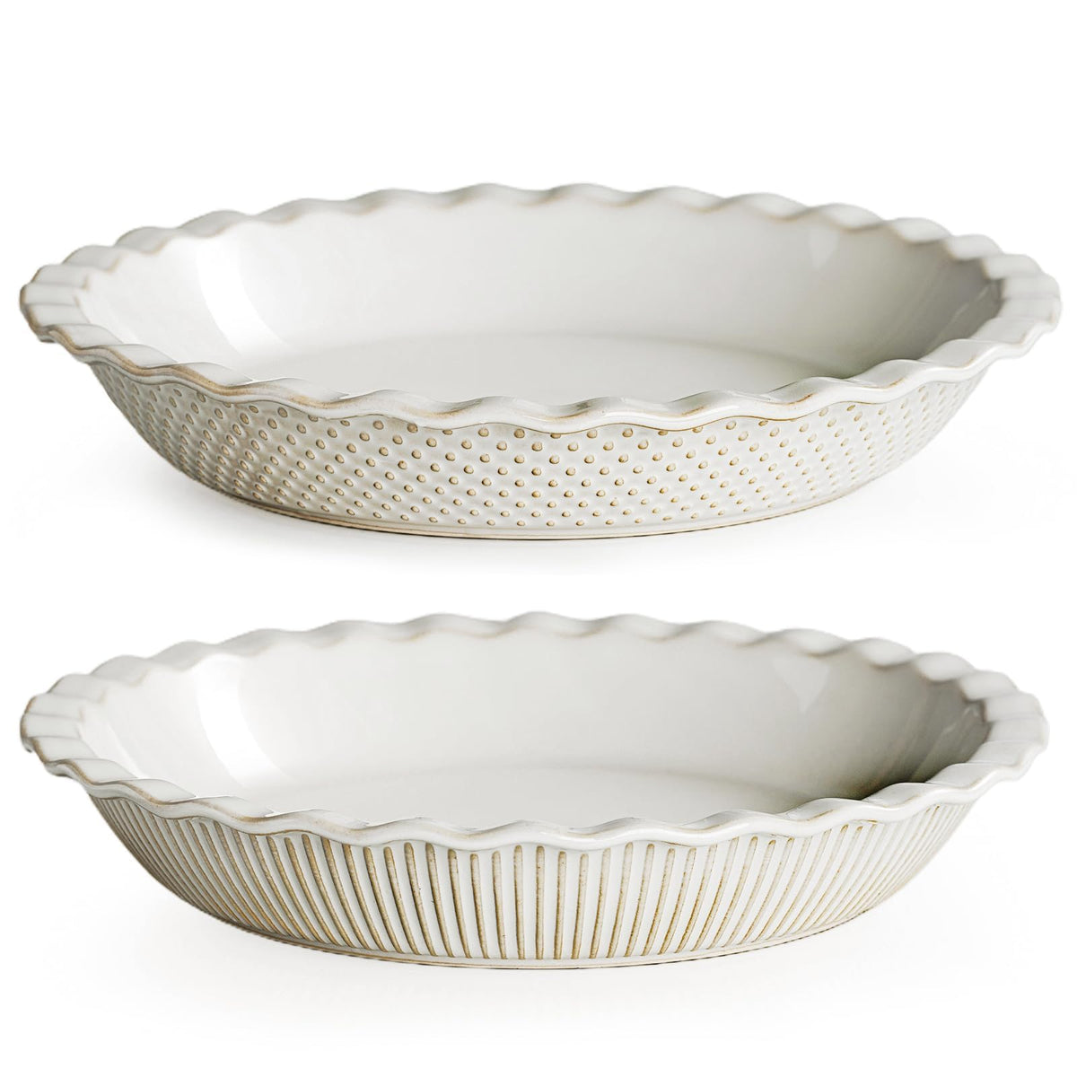 getstar ceramic pie pan 2-pack with embossed stripes and dots for elegant table display.