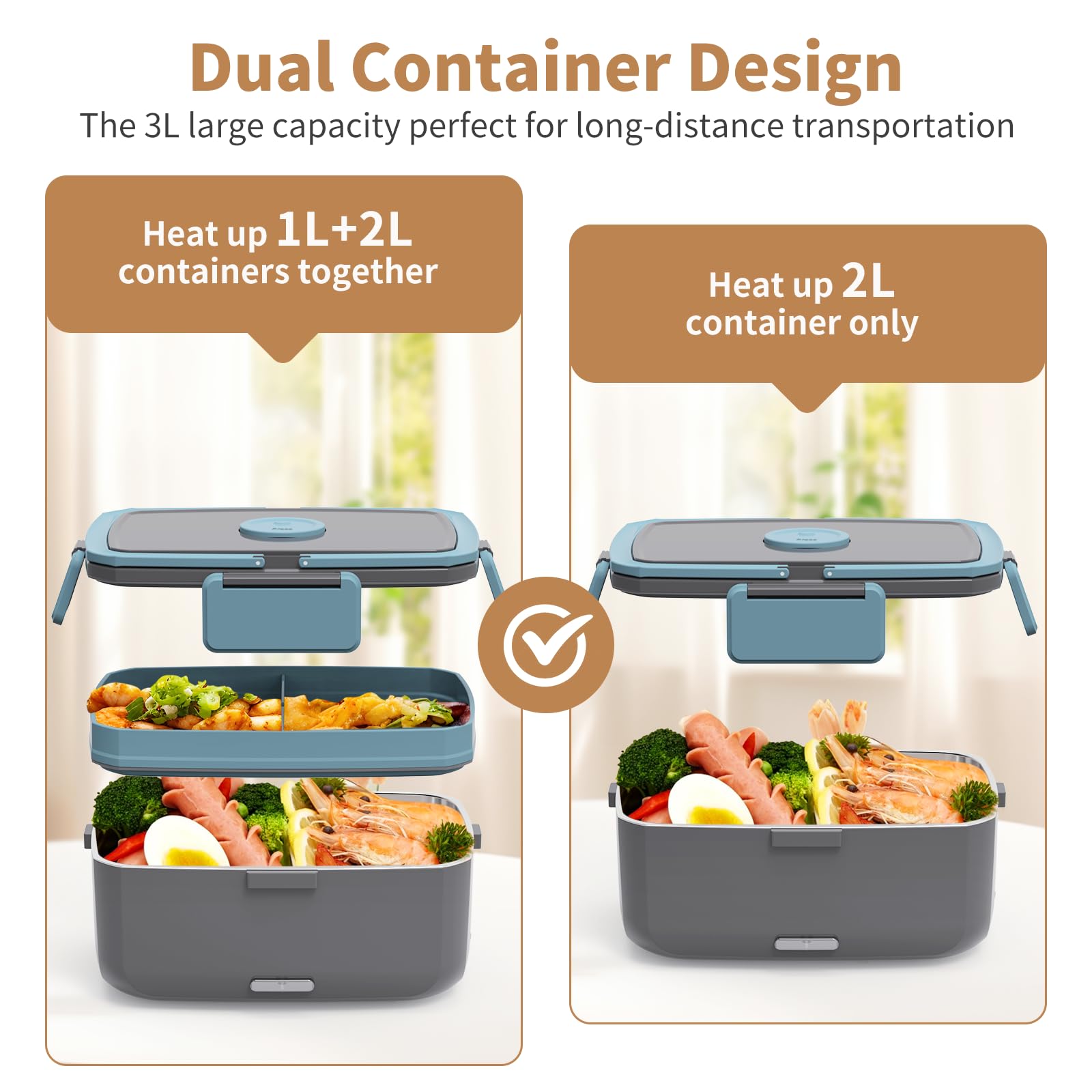 Geveniss electric lunch box open lid showing dual containers for mains and fruit