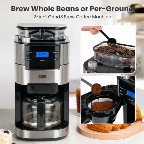 Gevi 10-cup coffee maker with grinder dispensing fresh grounds for brewing.