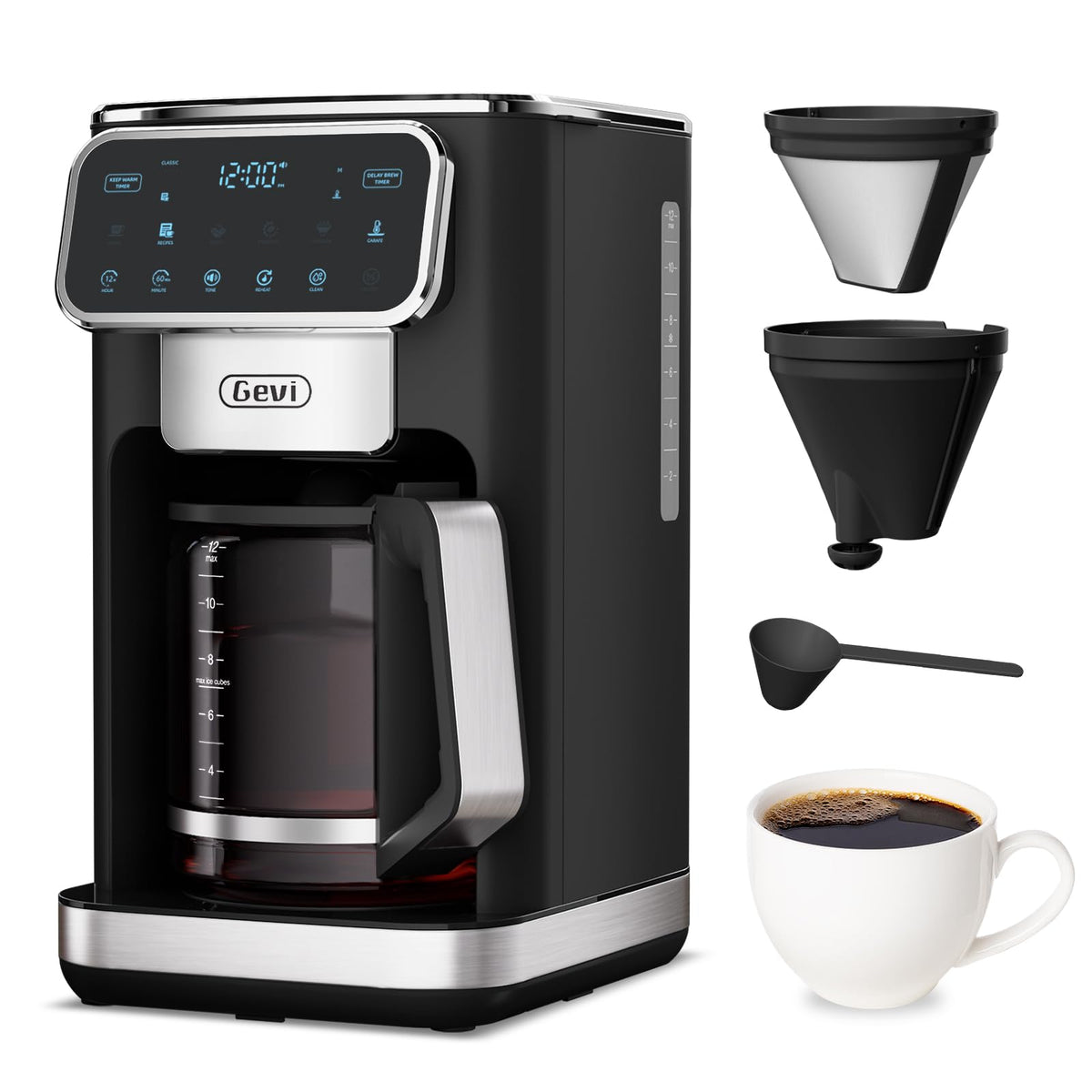 Gevi 12-cup coffee maker front view, compact design for home kitchens.