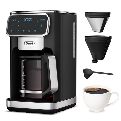 Gevi 12-cup coffee maker front view, compact design for home kitchens.
