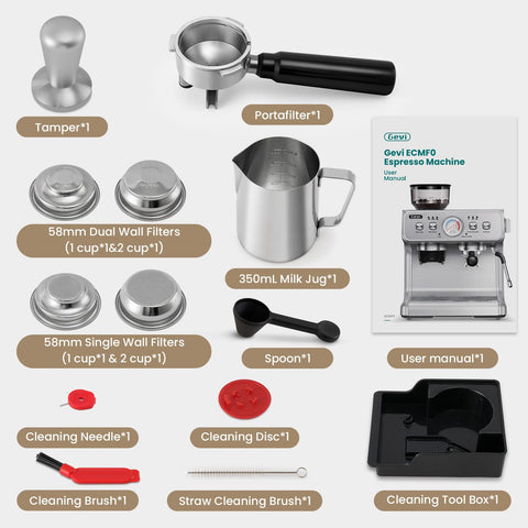Gevi accessories included with tamper and spoon for convenient setup.