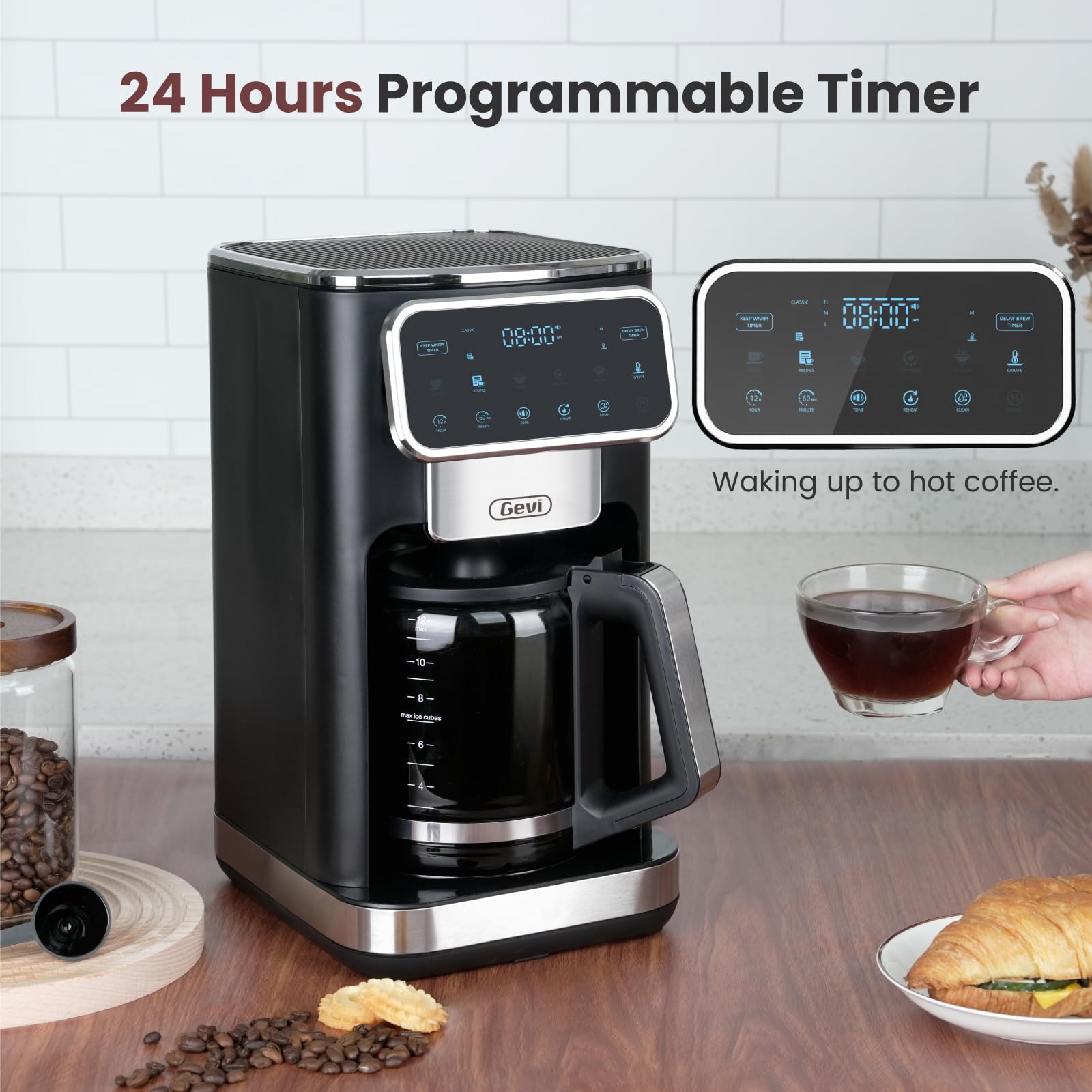 Gevi anti-drip design illustrates controlled water flow for consistent brews.