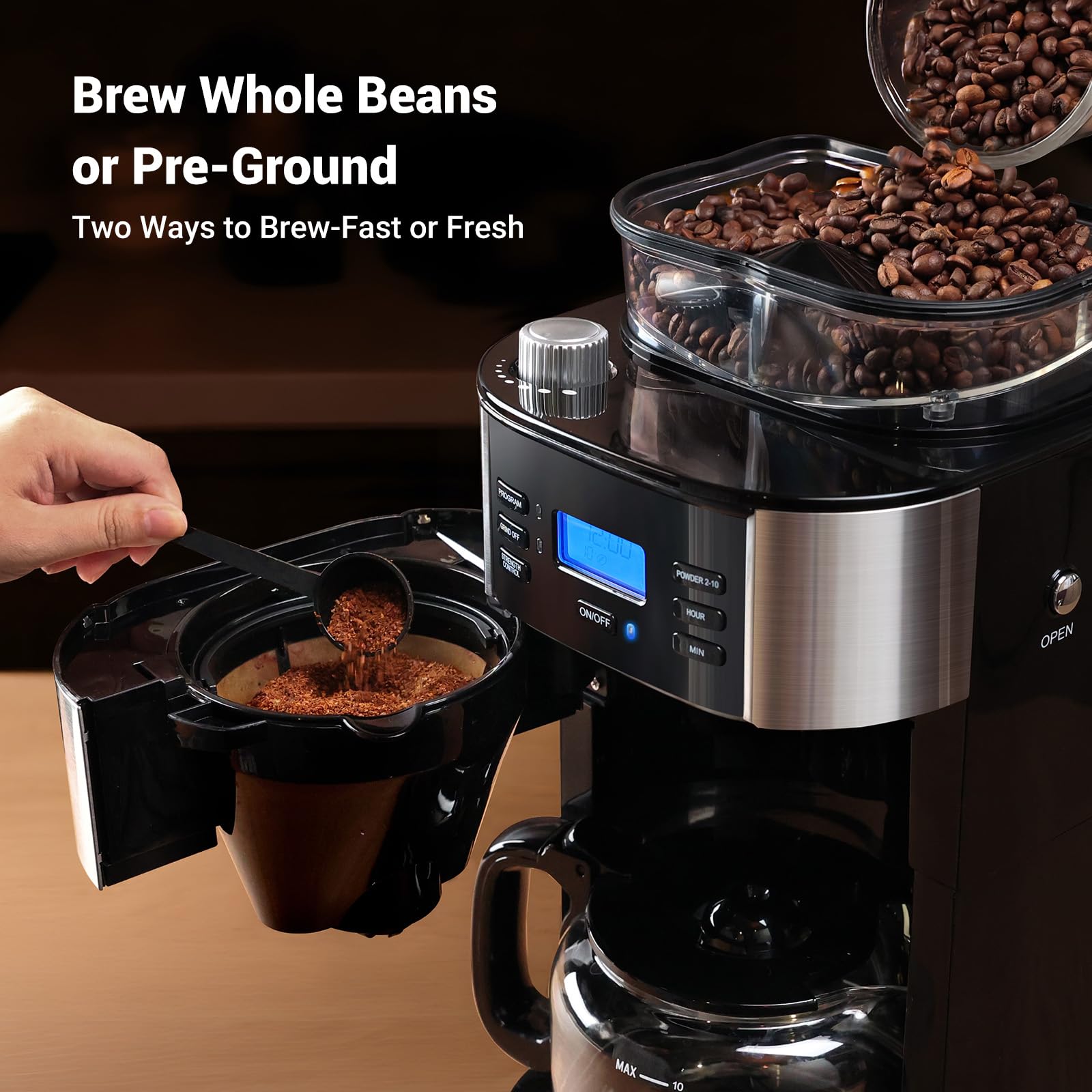 Gevi burr grinder close-up showing fresh-ground aroma and precise control.