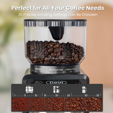 Gevi grinder with cup selector helps auto-dispense the right amount.