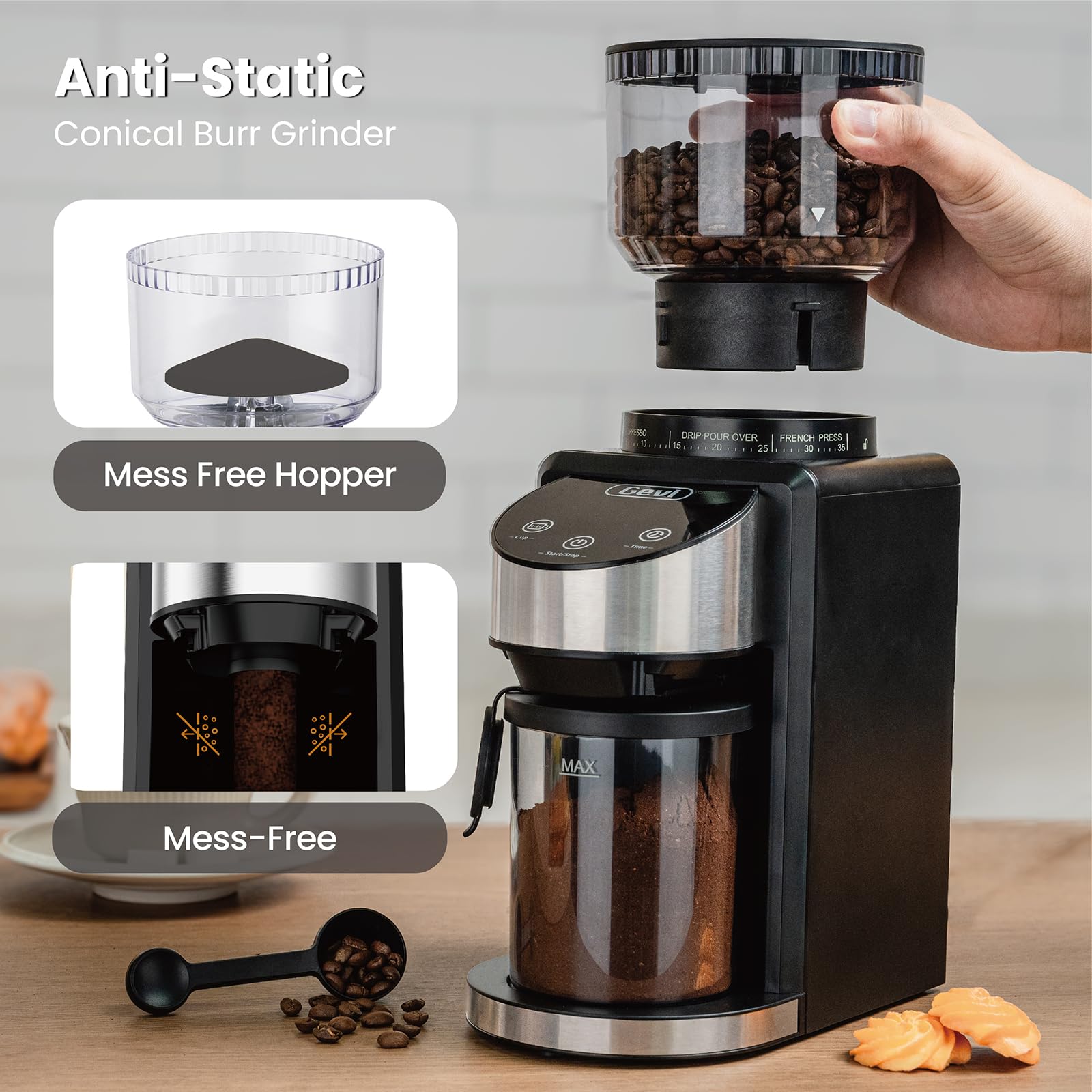 Gevi grinder is easy to clean after use for quick coffee routines.