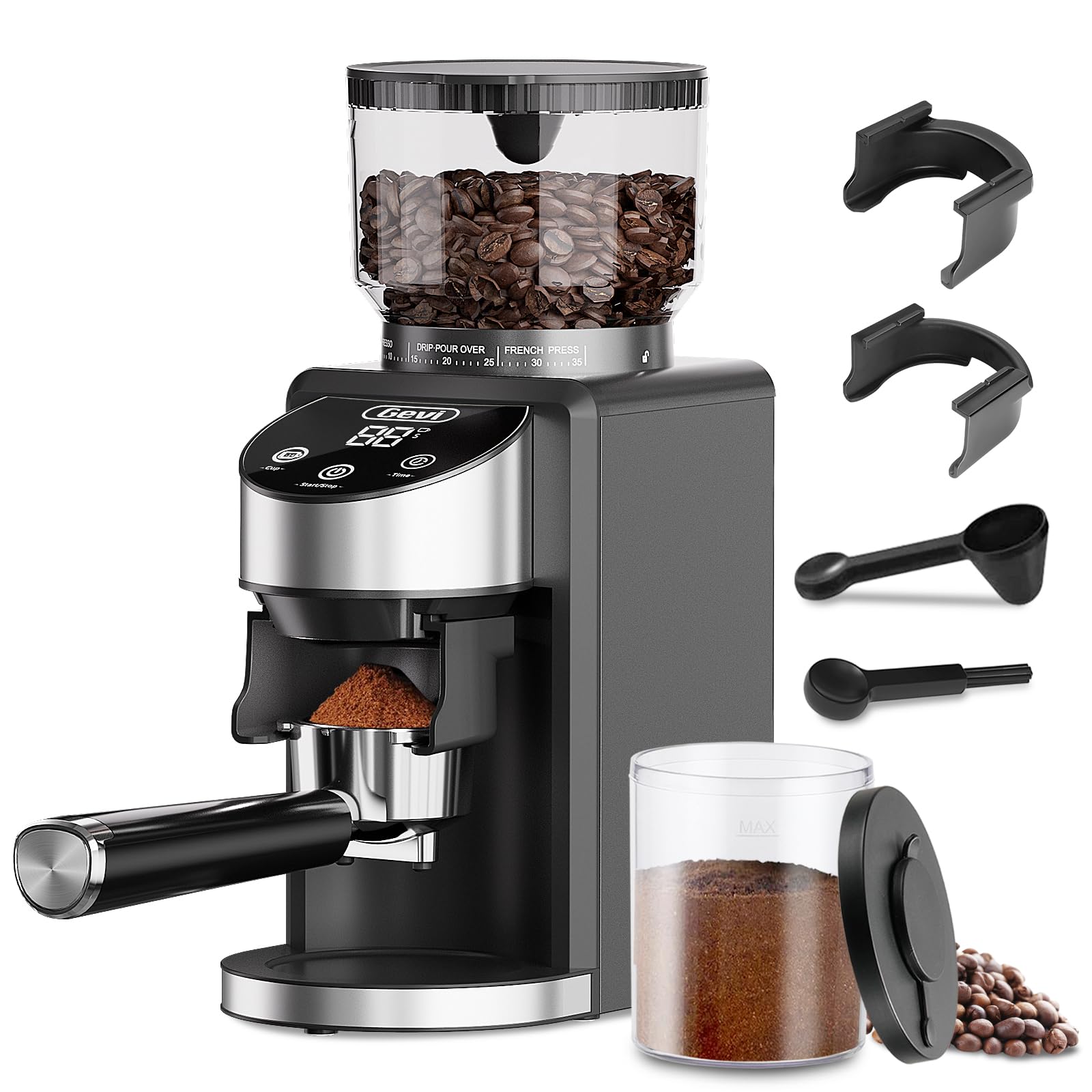 Gevi coffee grinder displays precise espresso grind settings for consistent flavor.