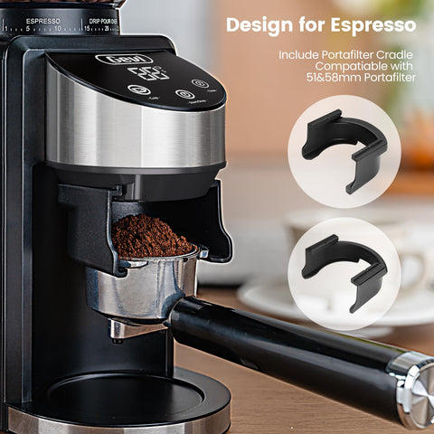 Gevi portafilter cradle allows grinding directly into a 51mm portafilter.