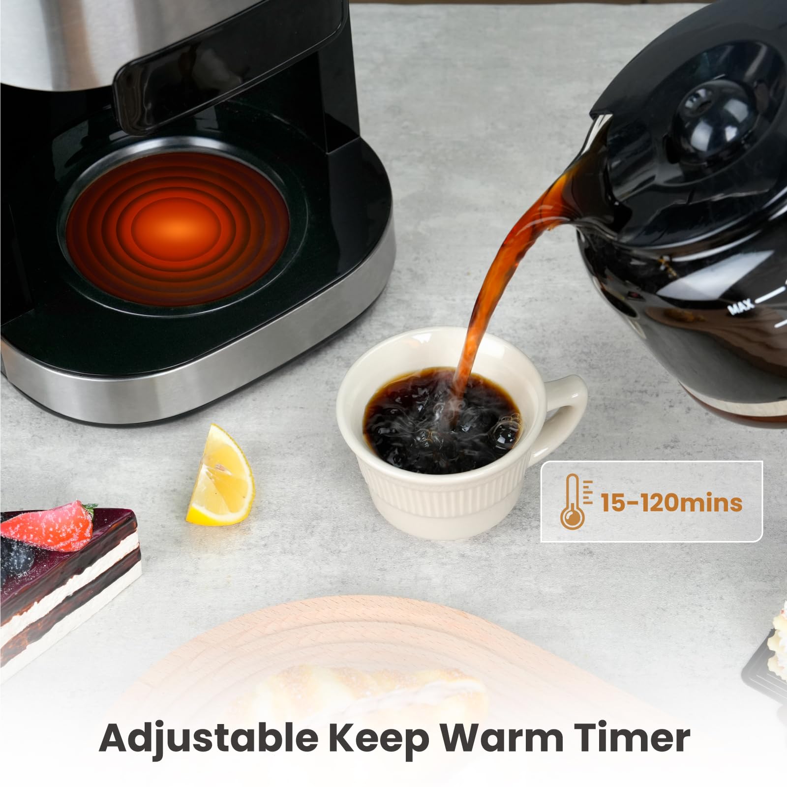 Multiple grind-strength options tailor coffee to your taste.