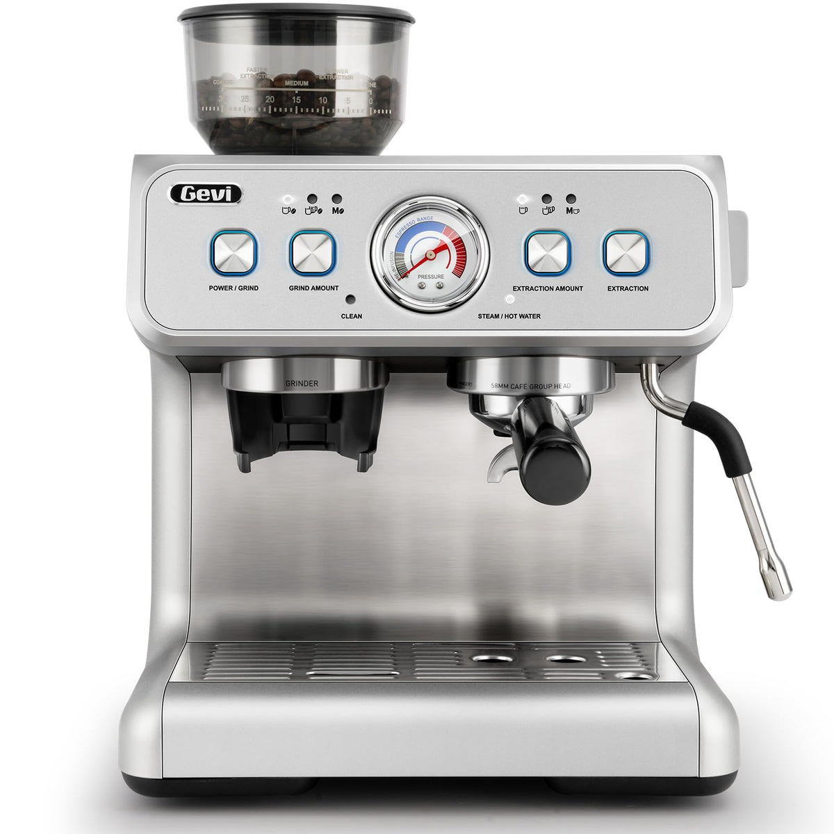 Gevi dual boiler espresso machine front view with durable stainless steel for home use.