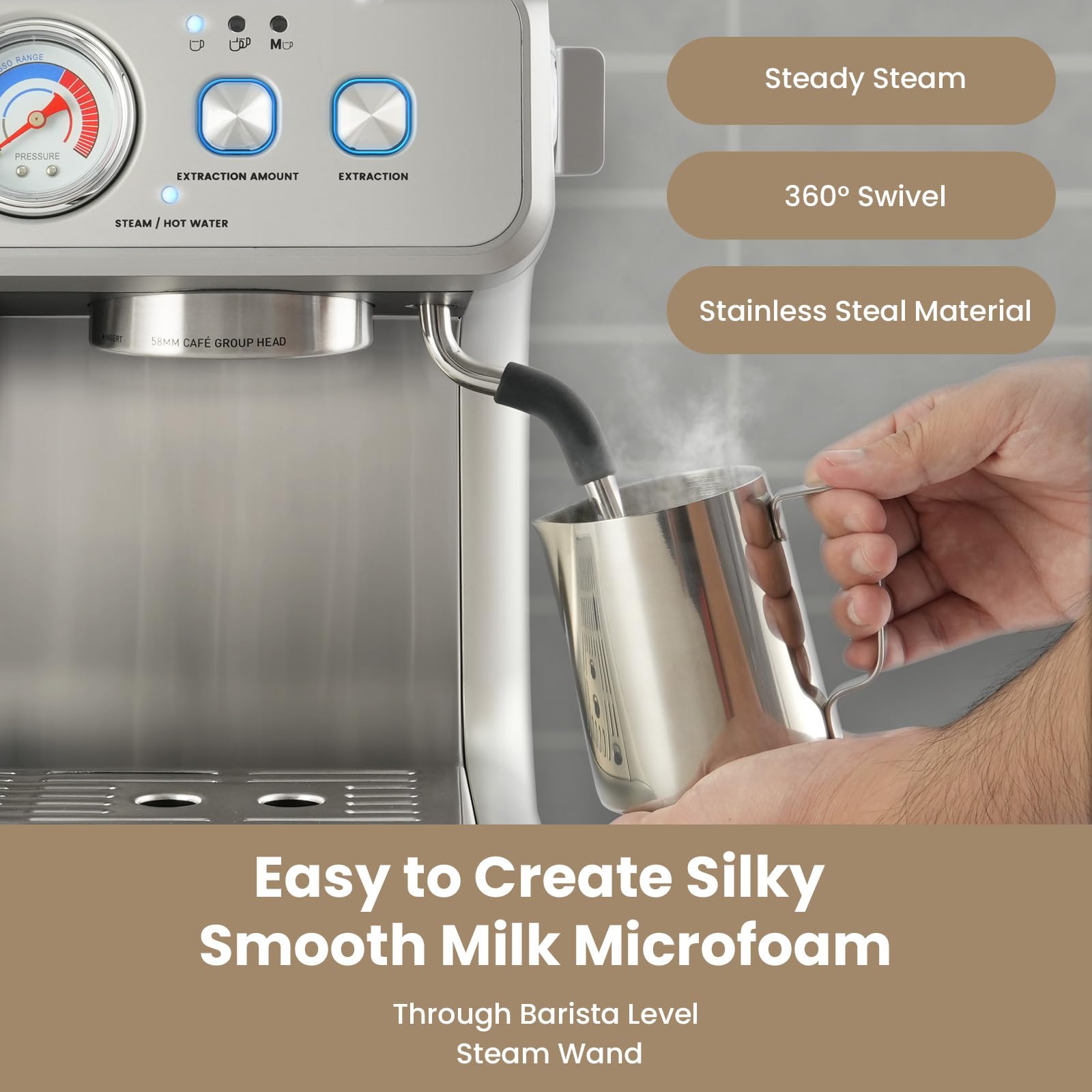 Gevi dual boiler espresso machine side view showing sleek profile.