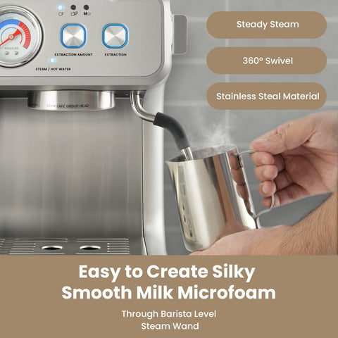 Gevi dual boiler espresso machine side view showing sleek profile.