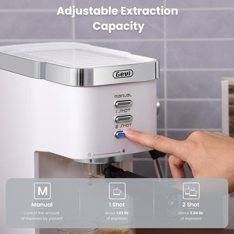 Gevi adjustable shot volume control for customized brews.
