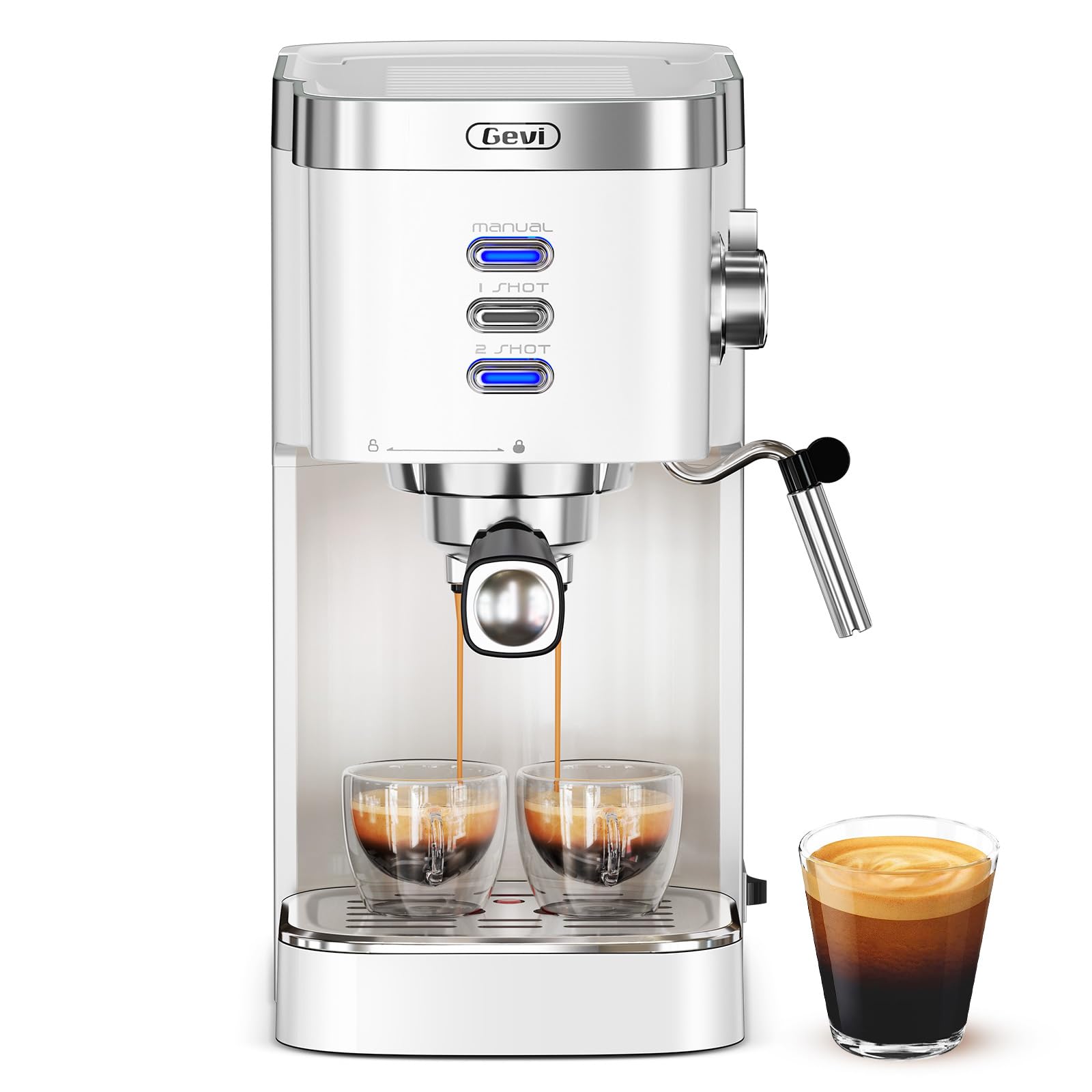 Gevi espresso machine front view in white, compact for small kitchens.