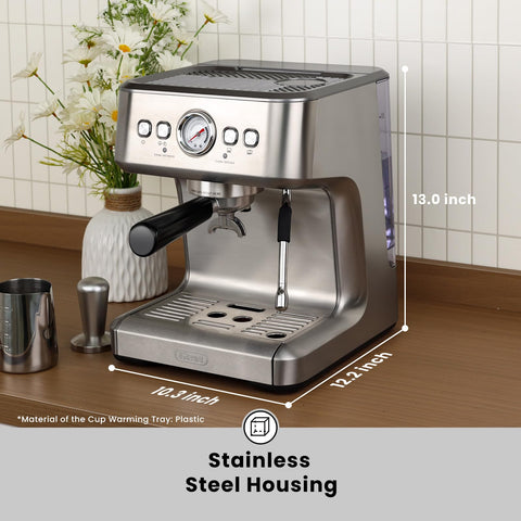 Gevi EzBru 1000C pressure gauge display indicating real-time extraction pressure.