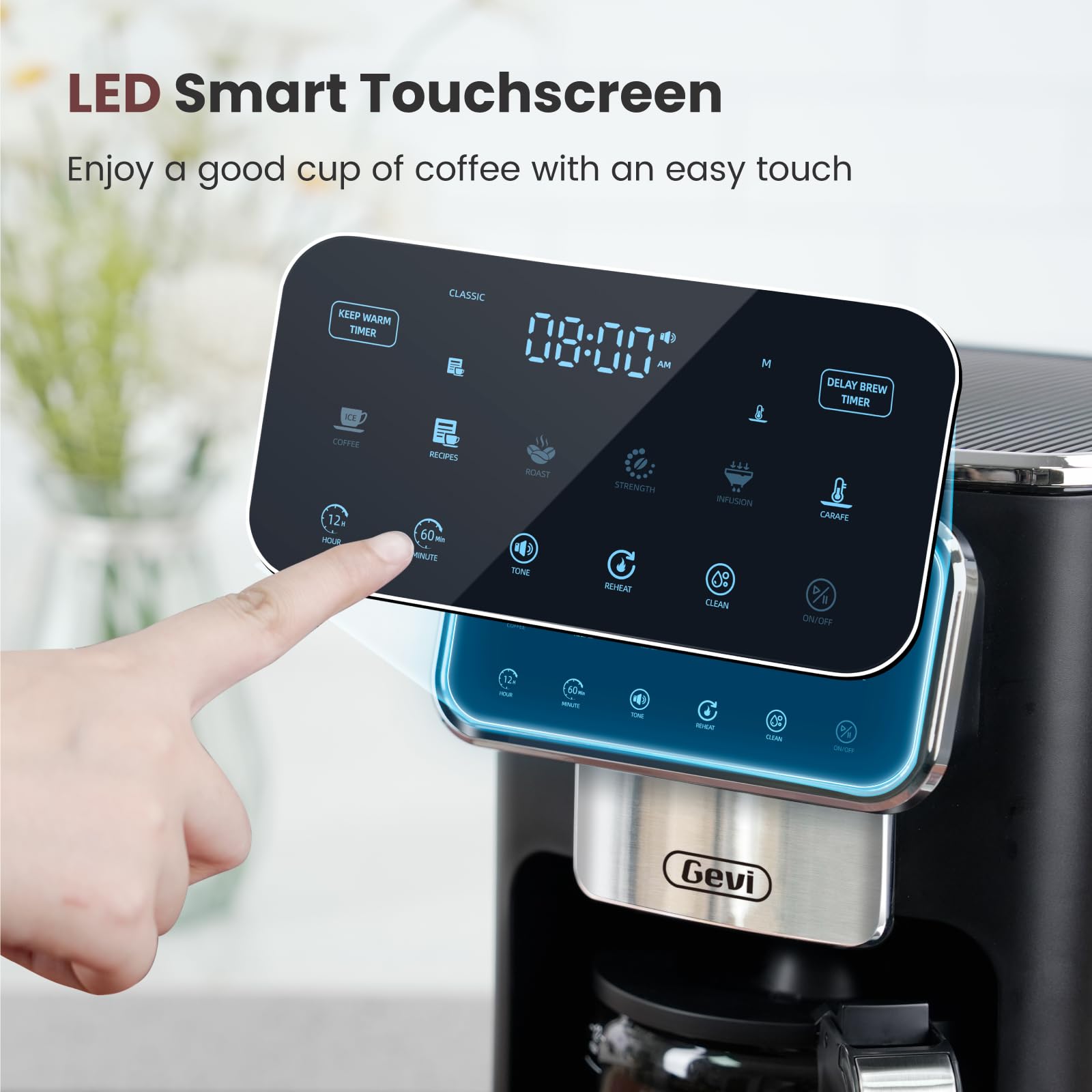 Gevi programmable delay brew timer demonstrates planning your coffee moments.