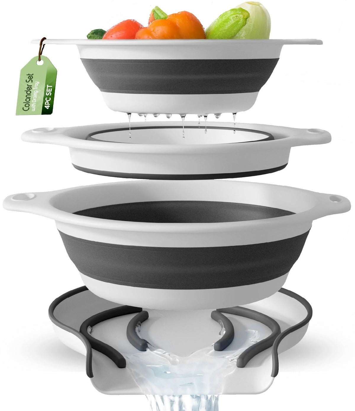 Gevoli collapsible colander 3qt with self-draining base for fast water drainage.