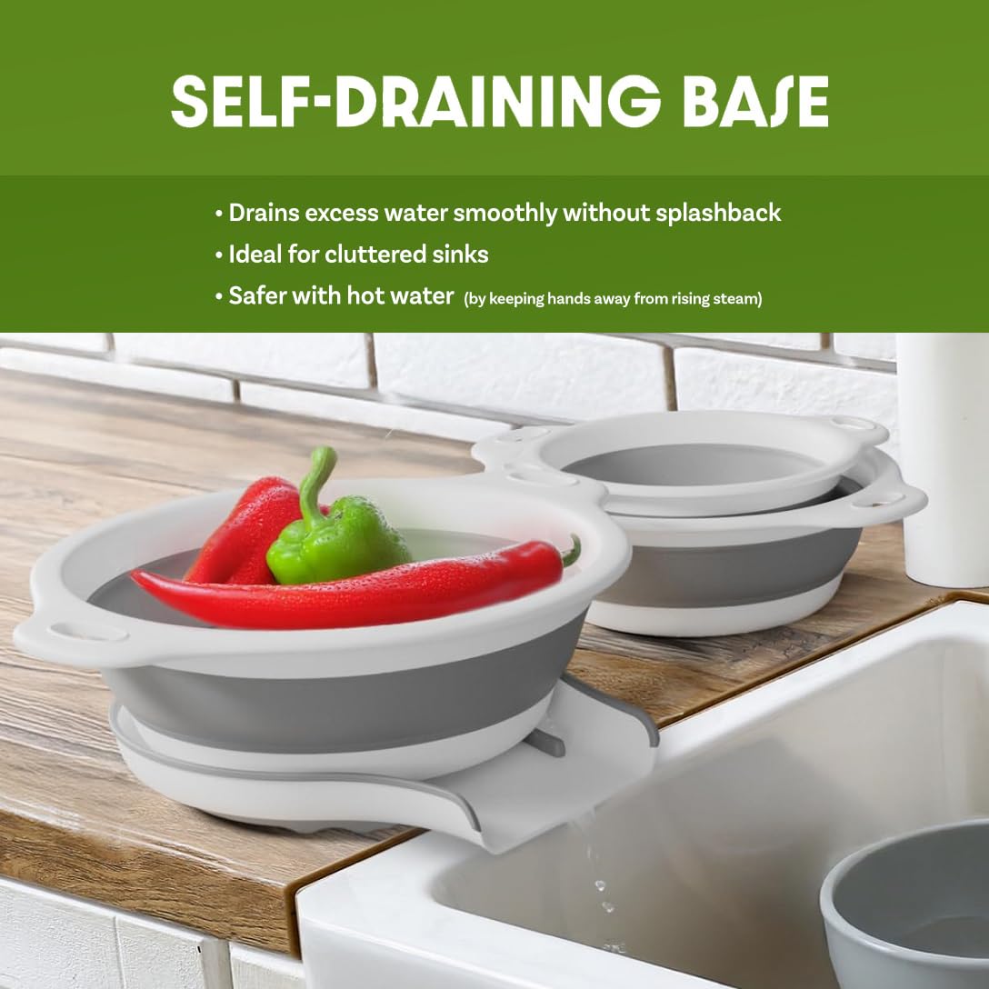 Gevoli collapsible colander 4qt featuring self-draining base for efficient rinsing.
