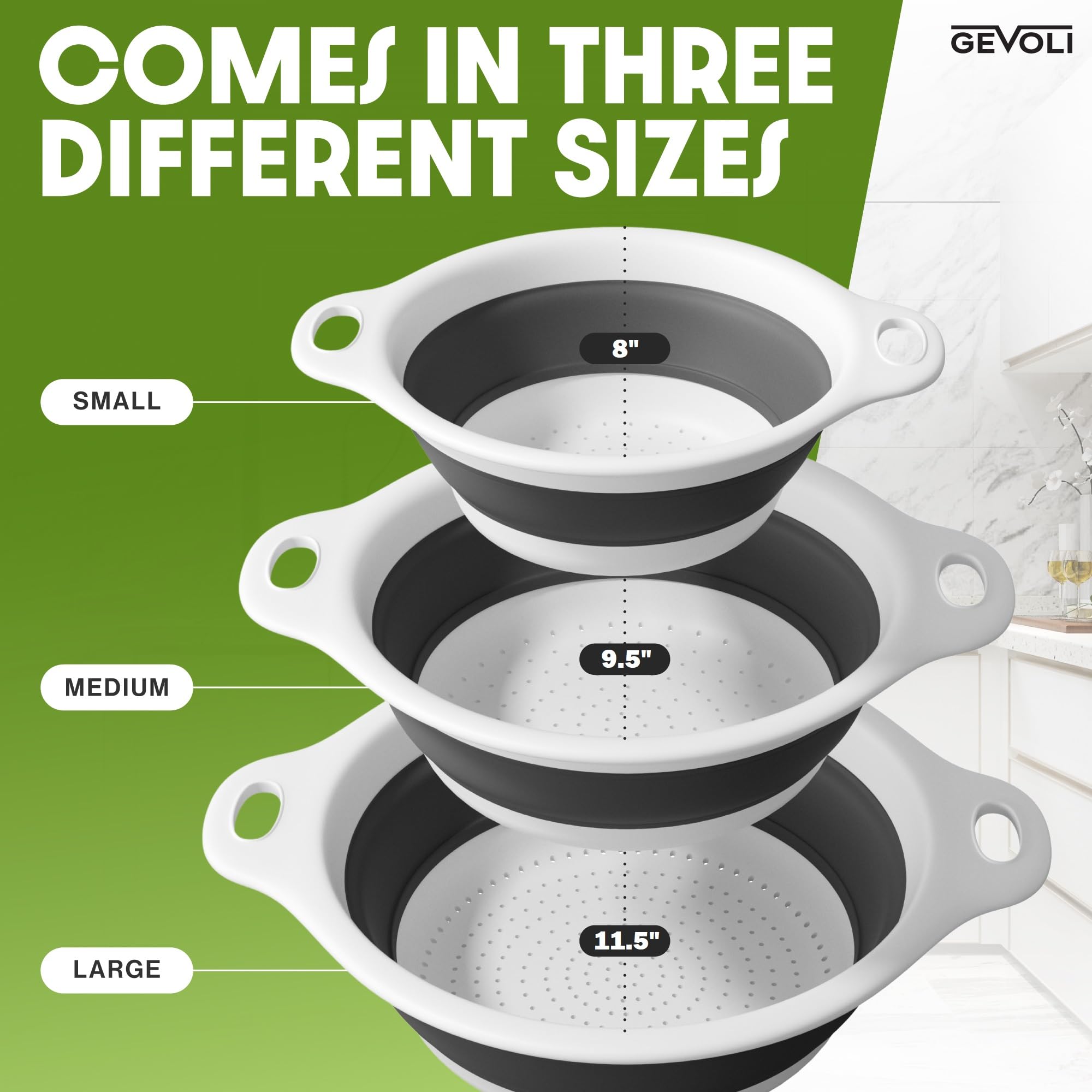 Gevoli collapsible colander 5qt designed for larger batches and easy draining.