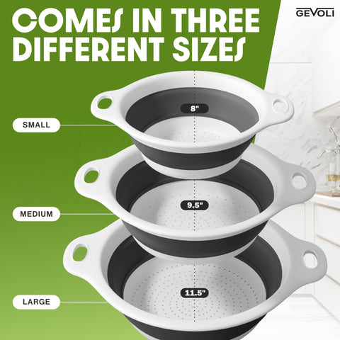 Gevoli collapsible colander 5qt designed for larger batches and easy draining.