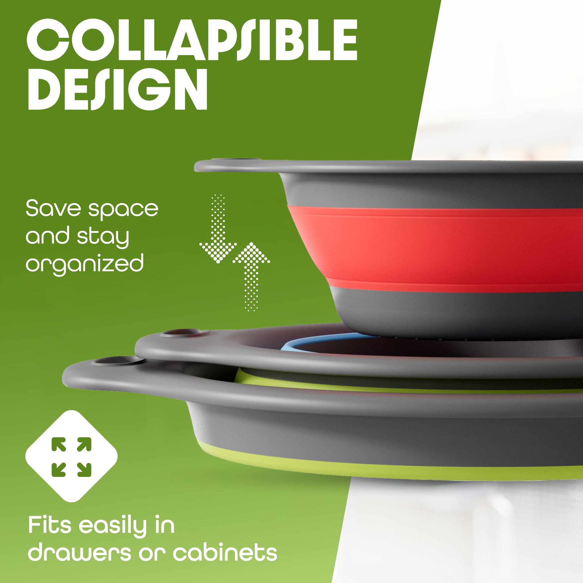 Gevoli collapsed colander demonstrates compact storage in a tidy kitchen.