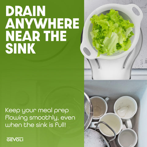 Gevoli collapsed colander demonstrates compact storage in a kitchen cabinet.