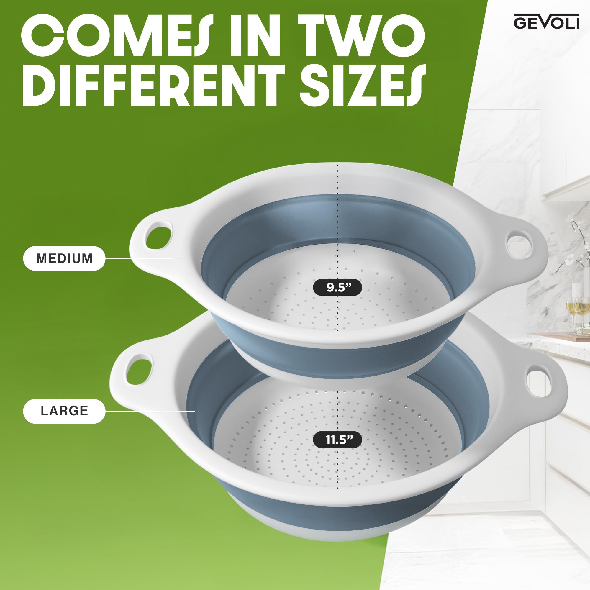 Gevoli collapsible colanders stored flat to save kitchen space.
