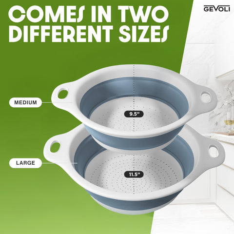 Gevoli collapsible colanders stored flat to save kitchen space.
