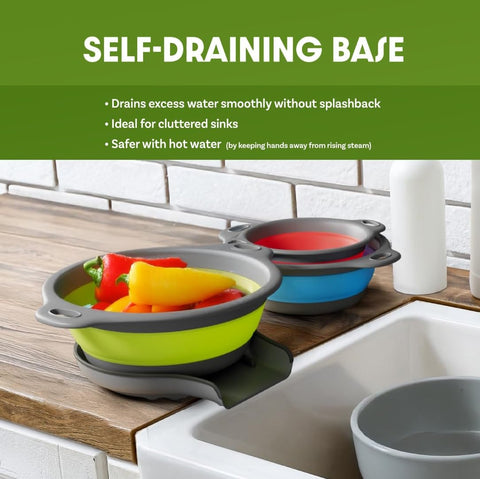 Gevoli green collapsible colander with self-draining base for space-saving use.