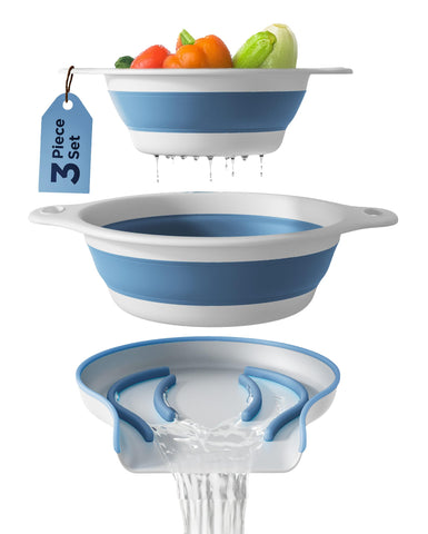 Gevoli collapsible colander large expanded with over-sink draining base for easy rinsing.