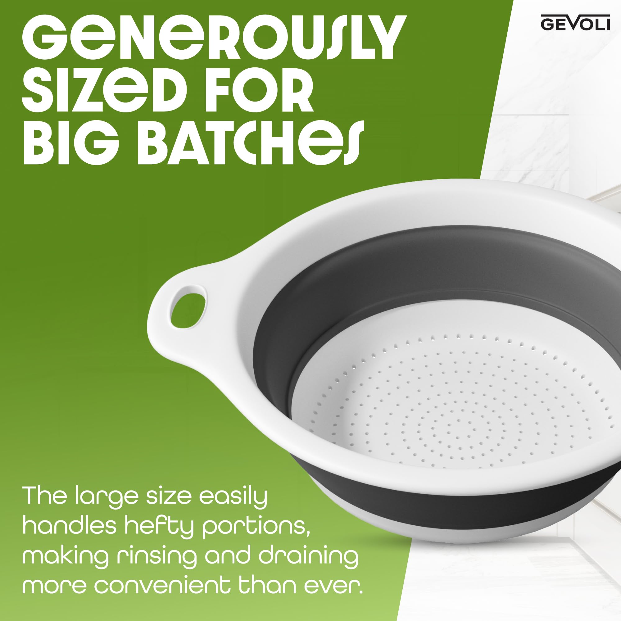 Gevoli colander on counter with over-sink base for mess-free draining.