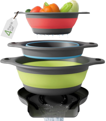 Gevoli red collapsible colander with self-draining base for fast sink drainage.