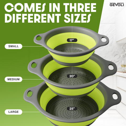 Gevoli medium collapsible colander with self-draining base for efficient draining.